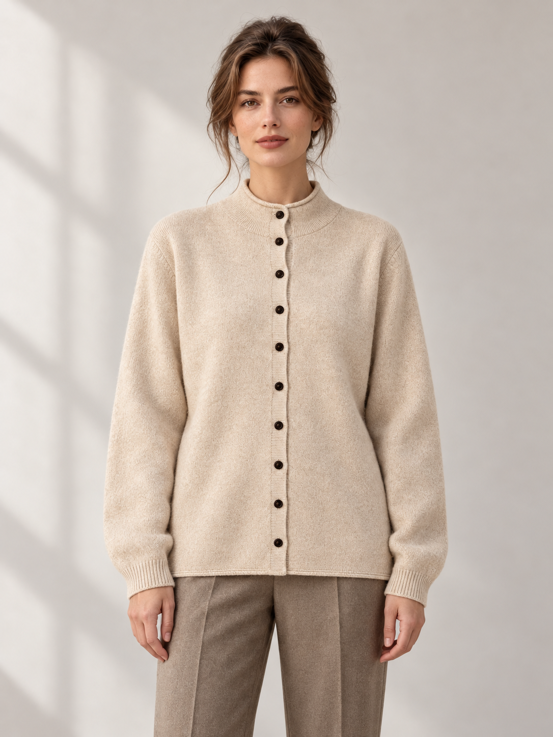 Stand-Collar Knit Cardigan in Beige — model front