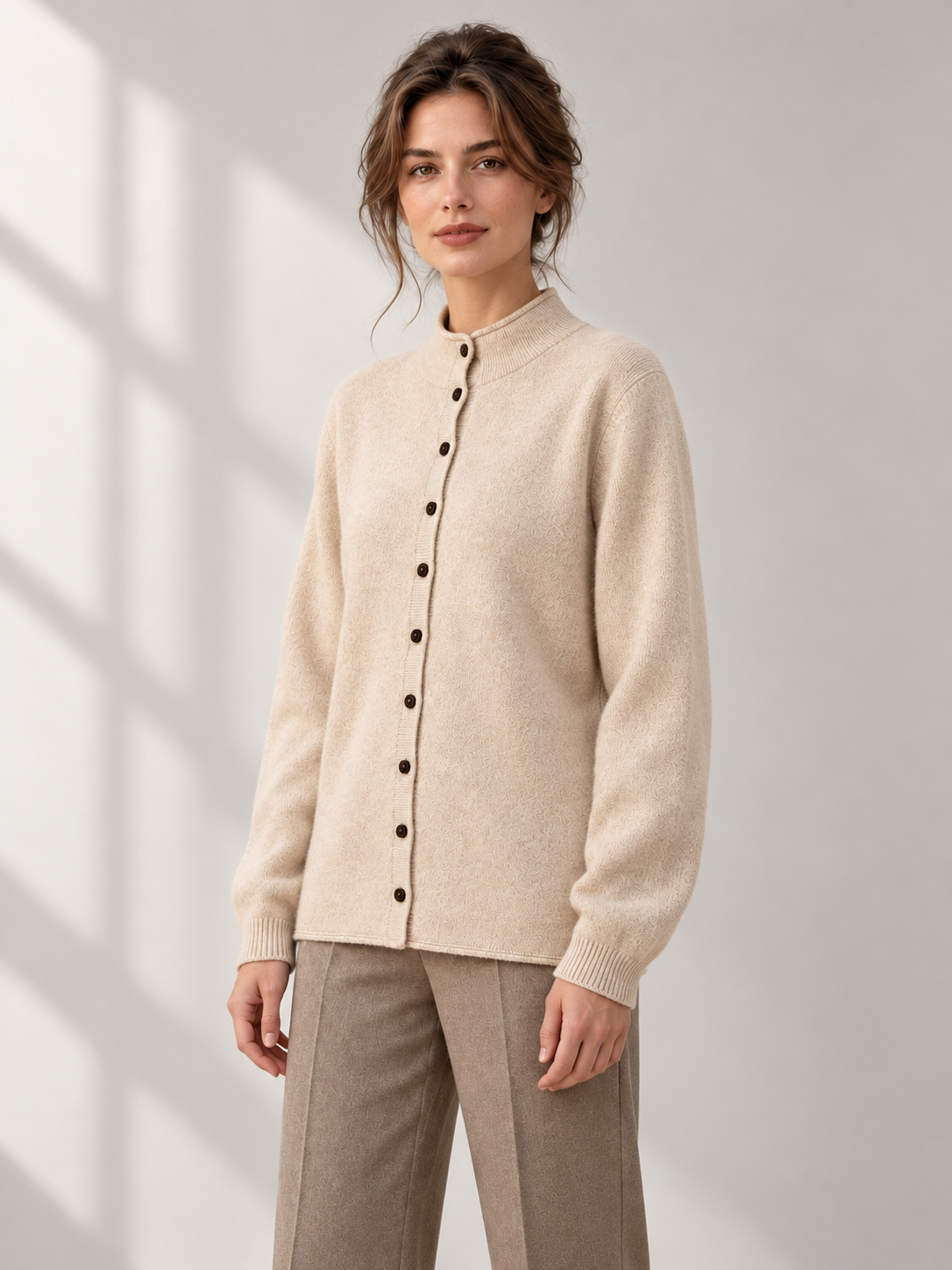 Stand-Collar Knit Cardigan in Beige — model threequarter