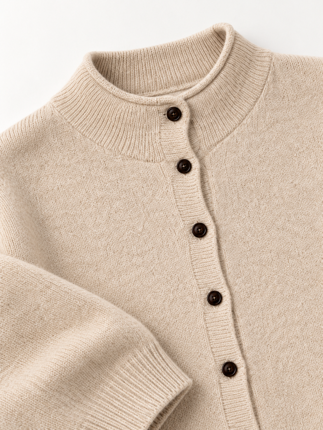 Stand-Collar Knit Cardigan in Beige — knit detail