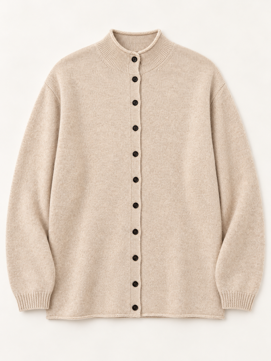 Cashmere Stand-Collar Knit Cardigan in Beige, flat front view