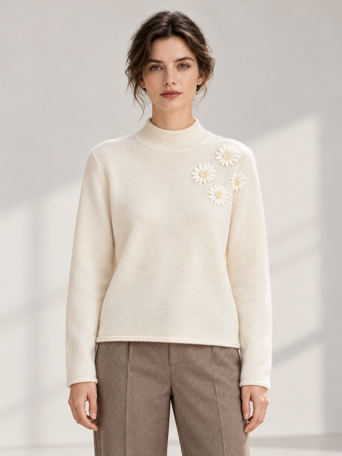 Floral-Detail Roll-Edge Sweater — model front