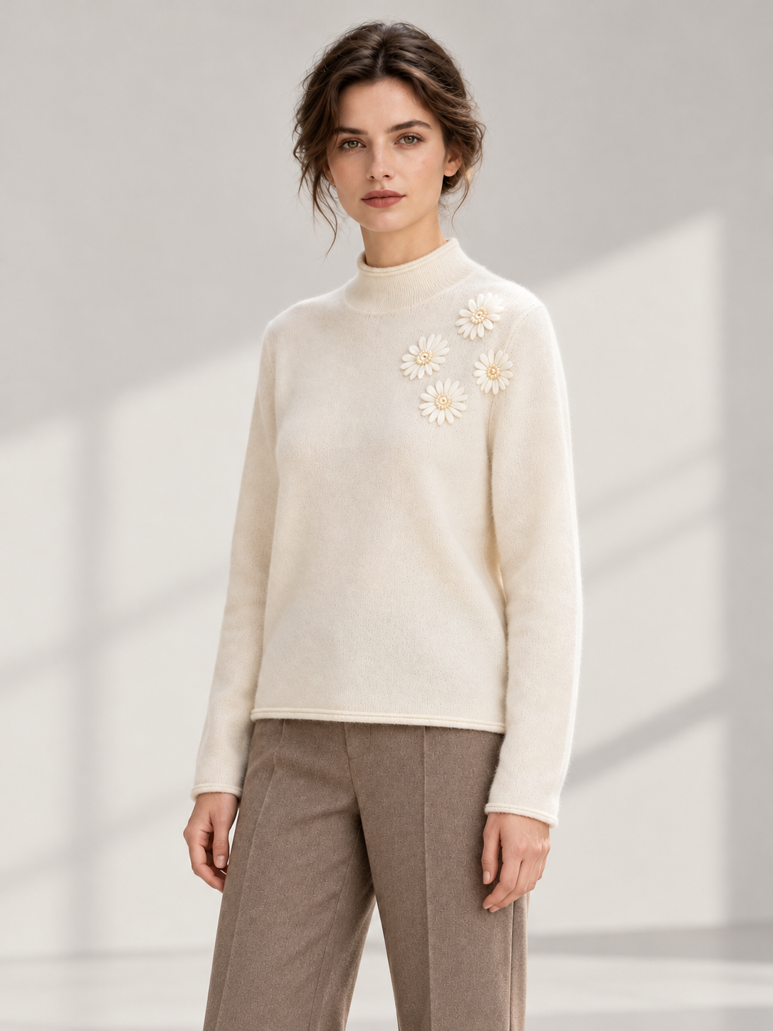 Floral-Detail Roll-Edge Sweater — model threequarter