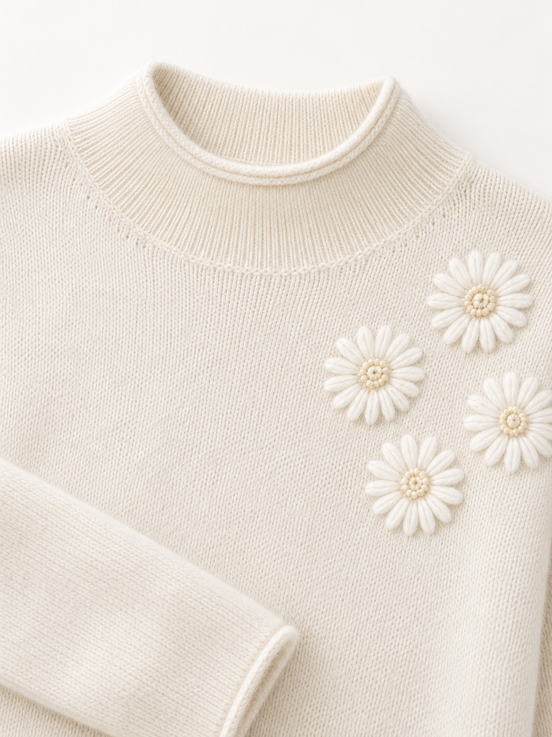 Floral-Detail Roll-Edge Sweater — knit detail