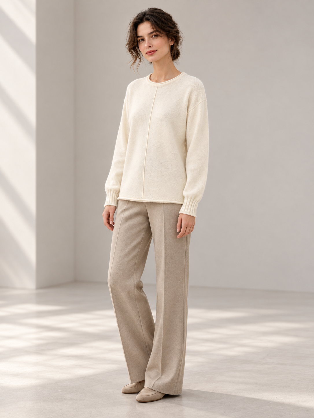 Roll-Edge Knit Sweater in White — model threequarter