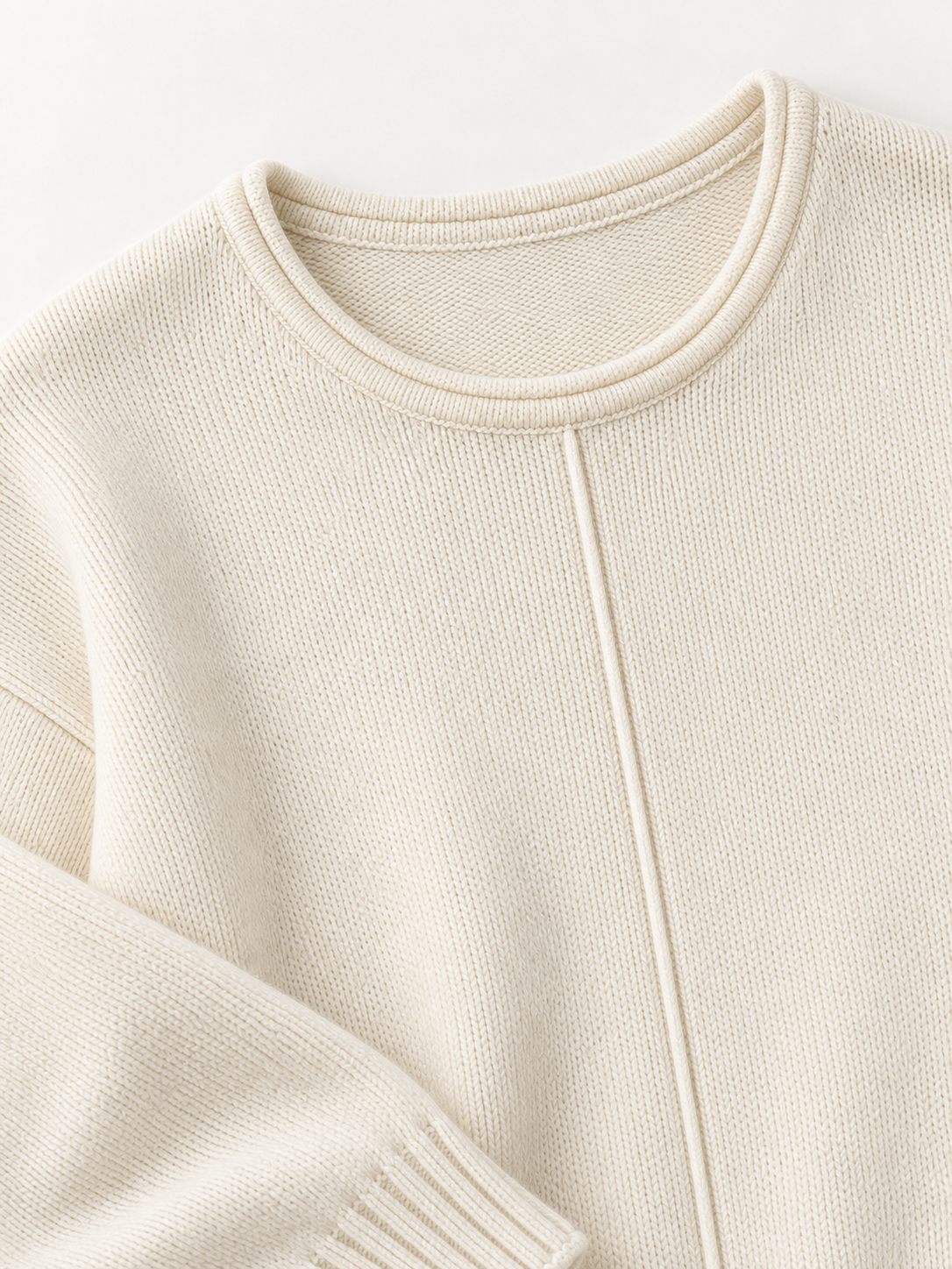 Roll-Edge Knit Sweater in White — knit detail