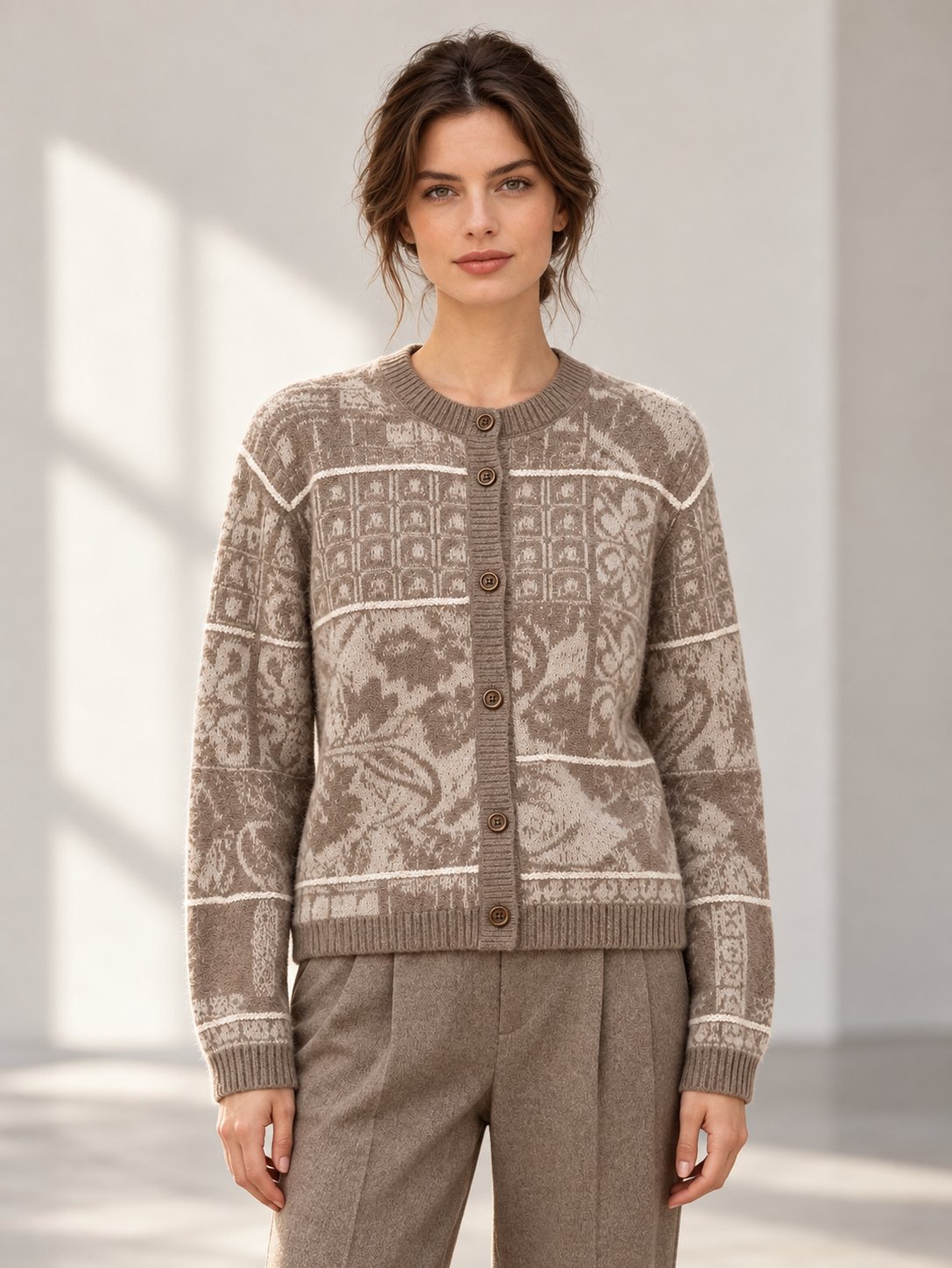 Jacquard Knit Cardigan in Camel — model front