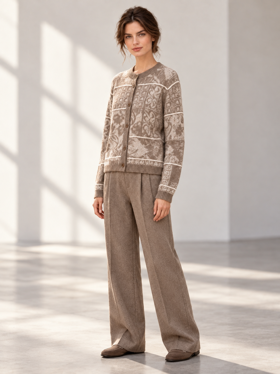 Jacquard Knit Cardigan in Camel — model threequarter