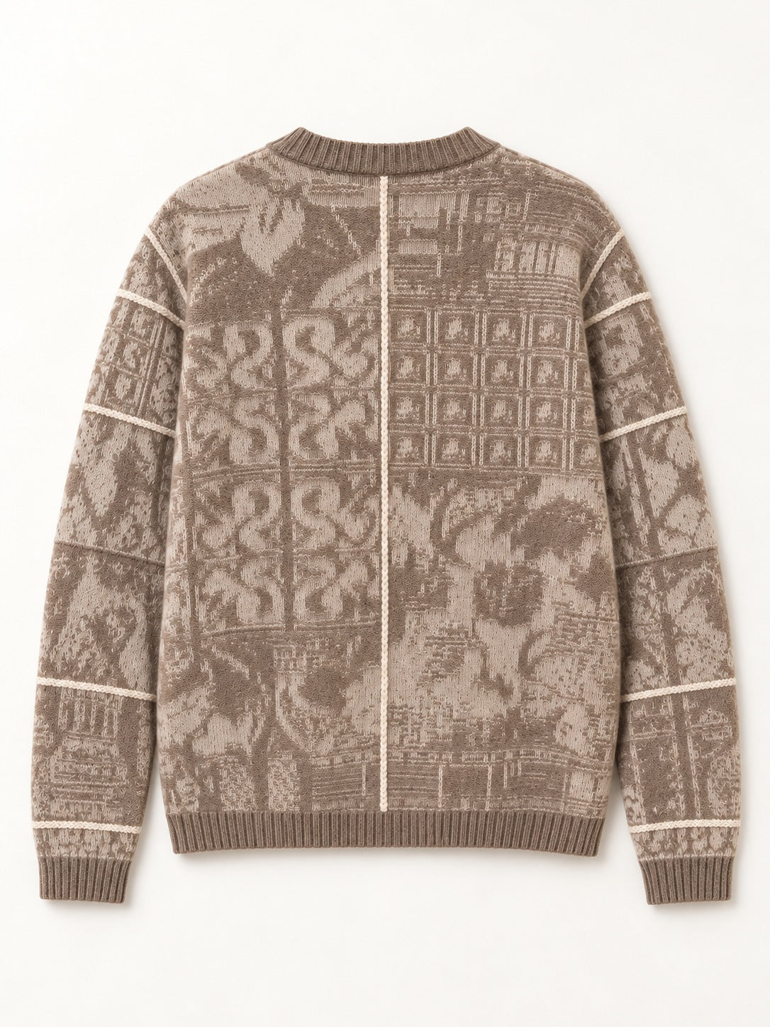Cashmere Jacquard Knit Cardigan in Taupe — back view