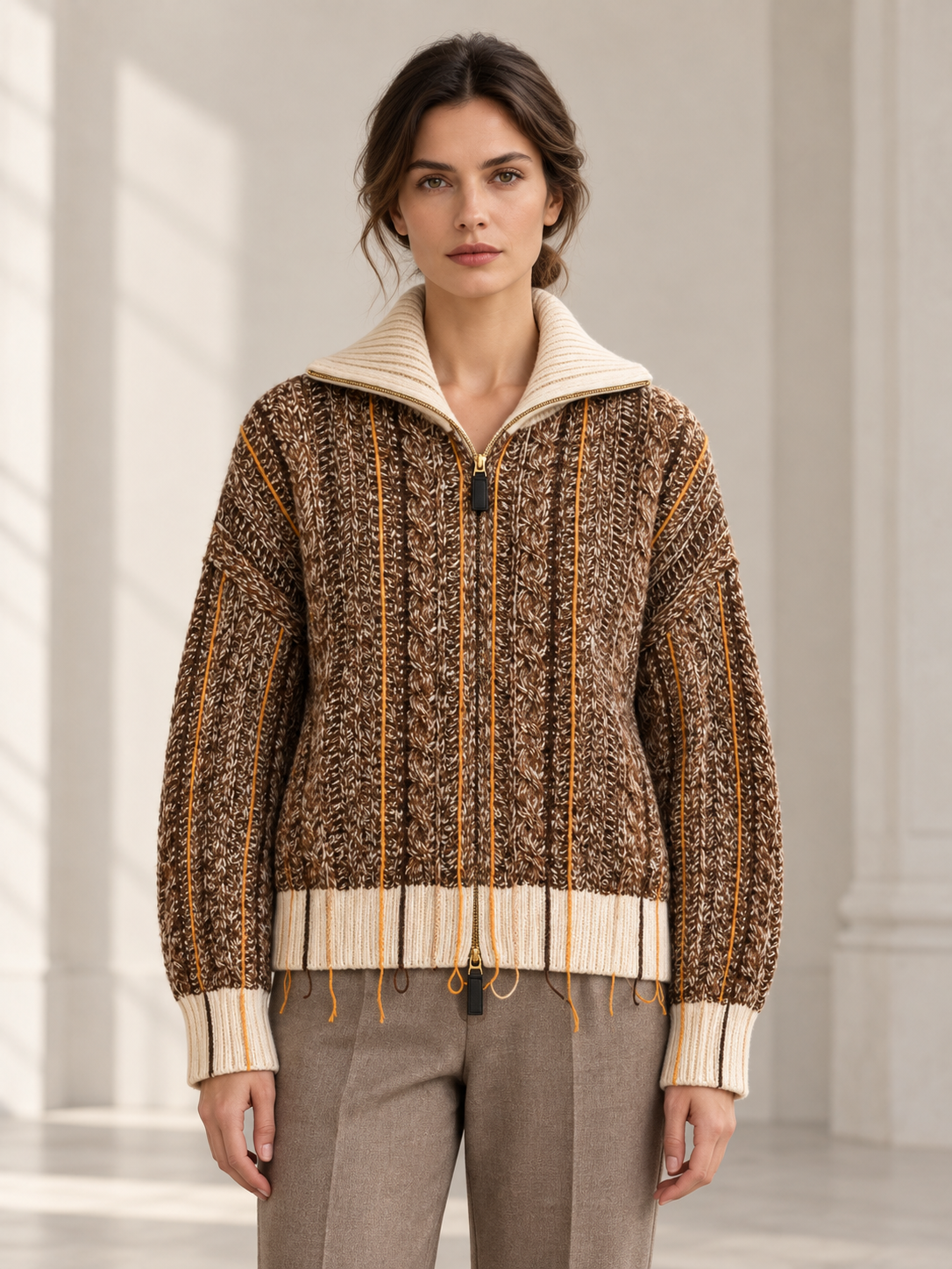 Marled Zip-Front Cardigan in Caramel — model front