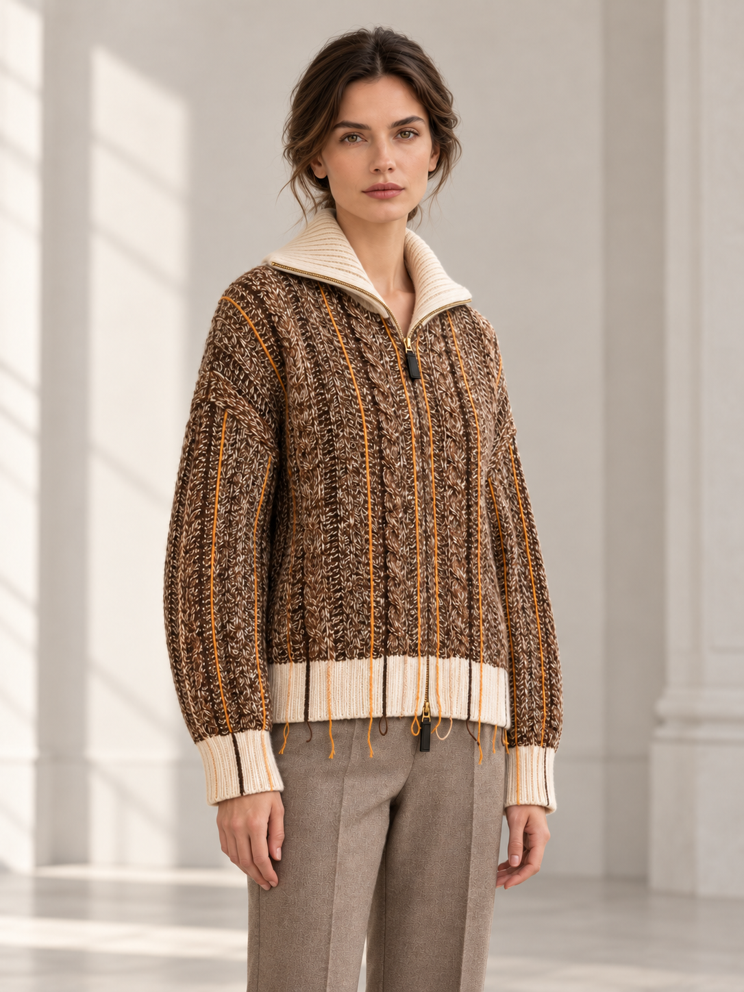 Marled Zip-Front Cardigan in Caramel — model threequarter