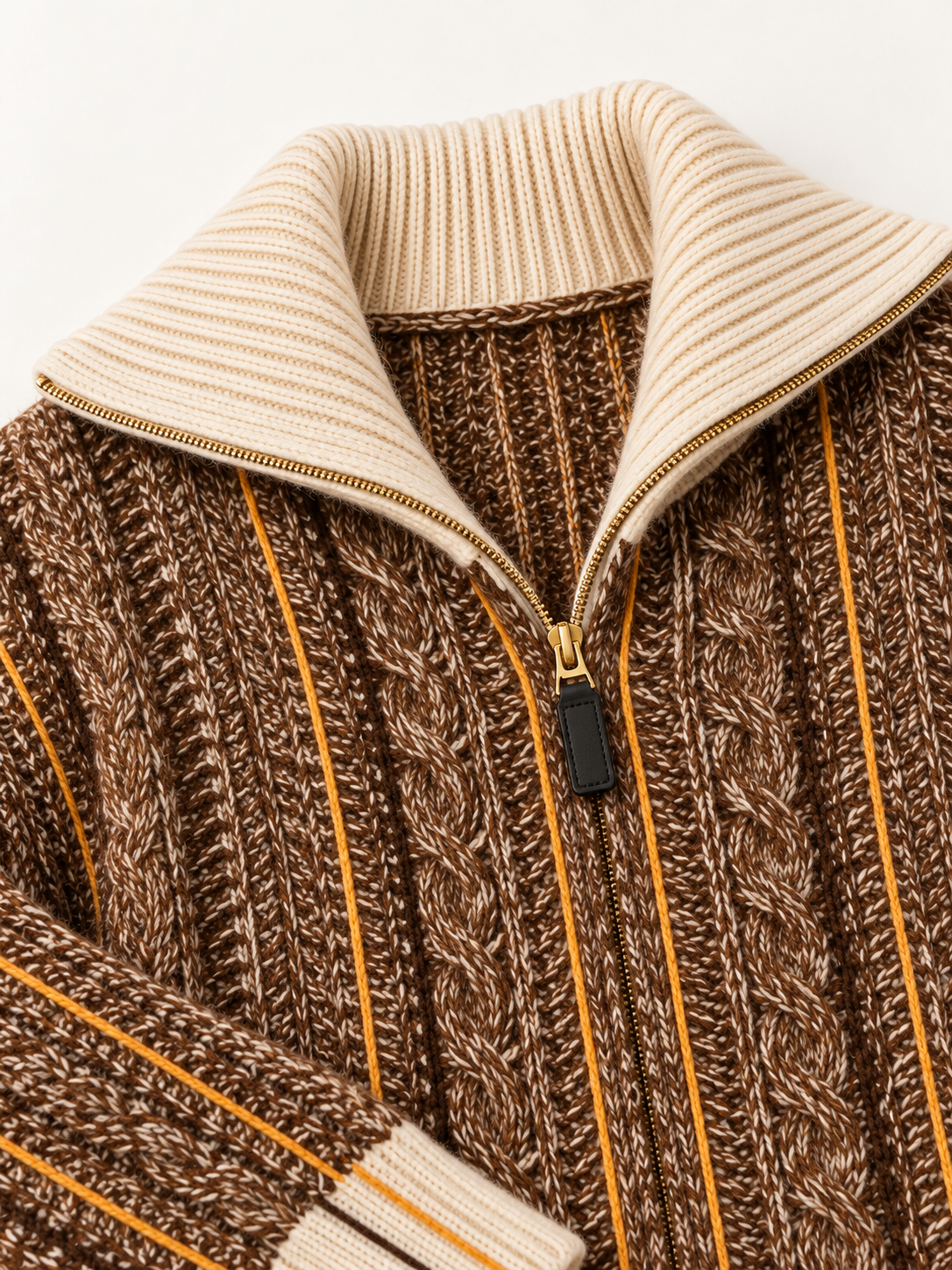 Marled Zip-Front Cardigan in Caramel — knit detail