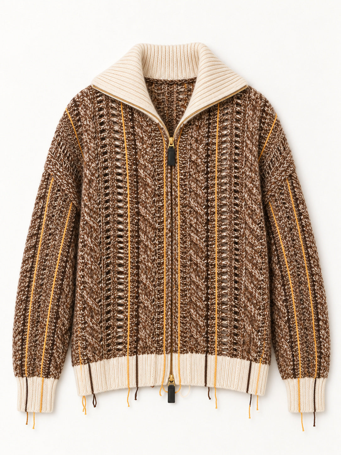 Cashmere Marled Zip-Front Cardigan in Caramel, product front