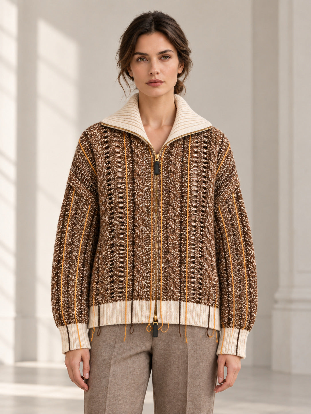 Cashmere Marled Zip-Front Cardigan in Caramel, worn, front view