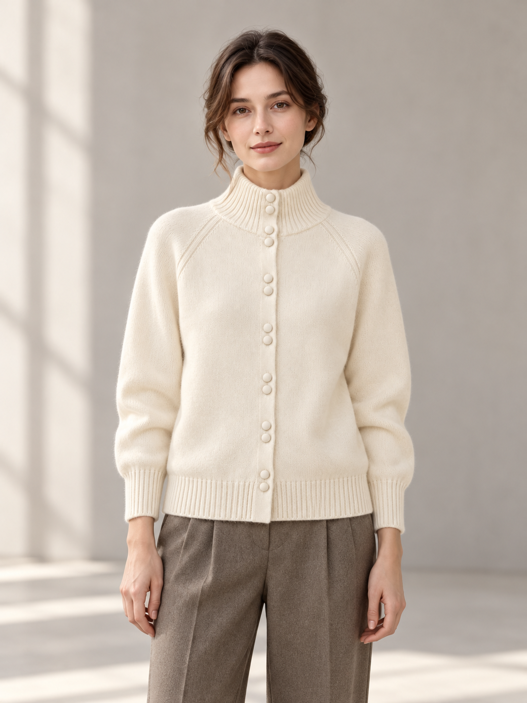 Layered-Look Knit Cardigan in White — model front