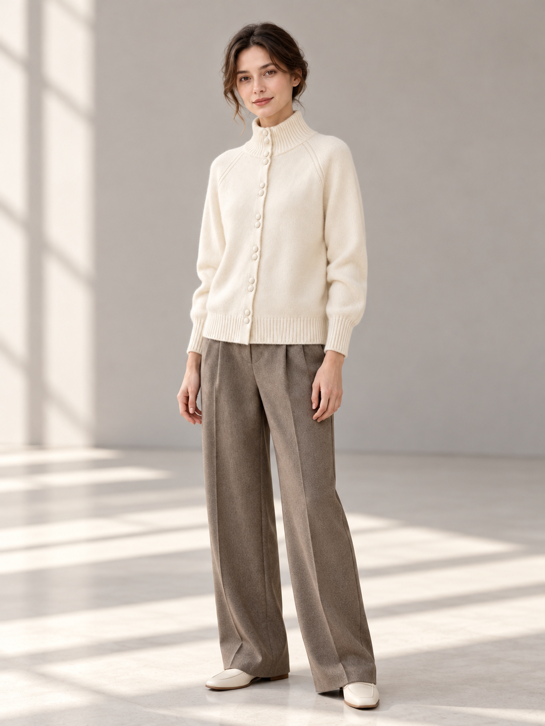 Layered-Look Knit Cardigan in White — model threequarter