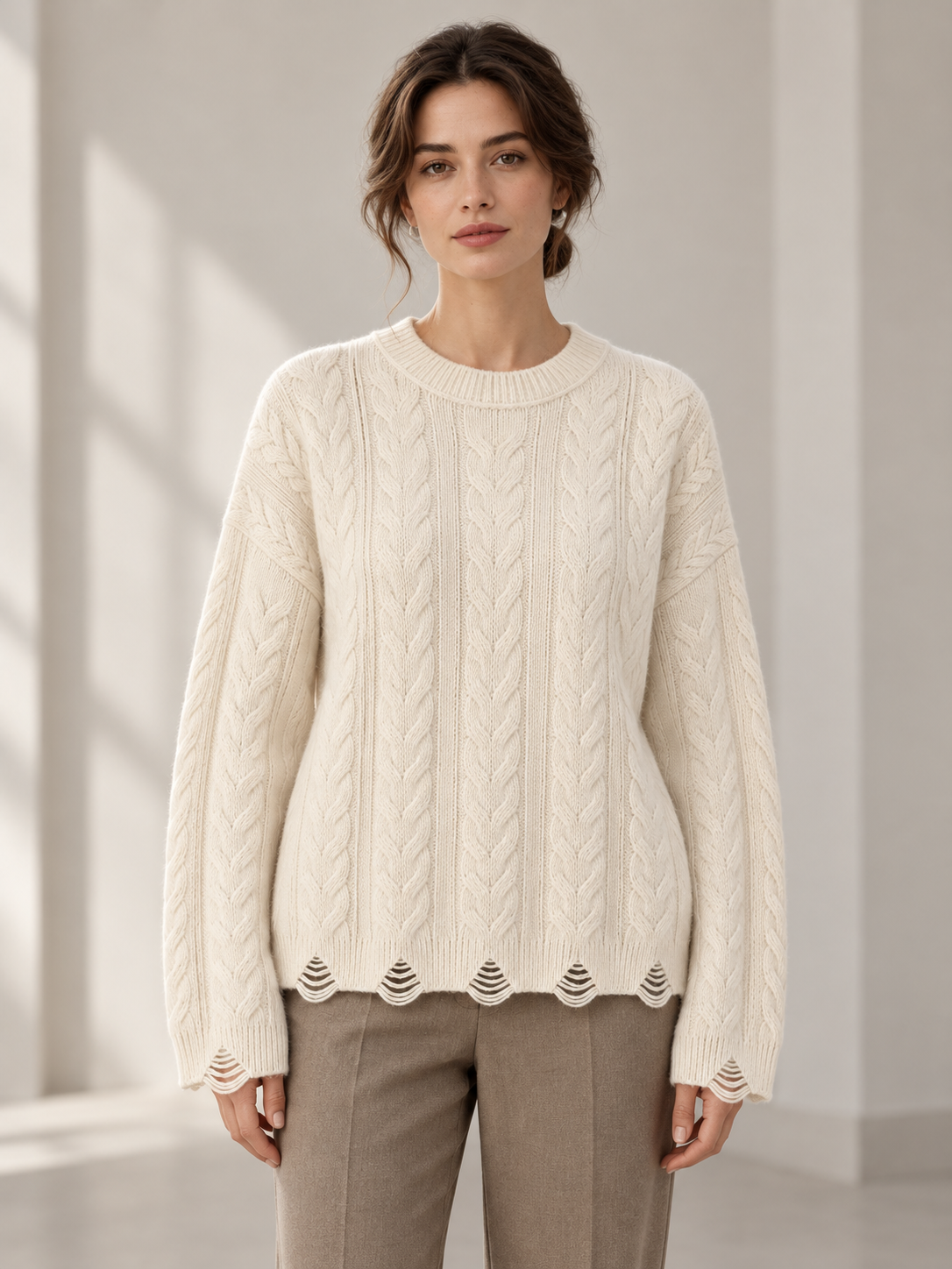 Cable-Knit Sweater in White — model front