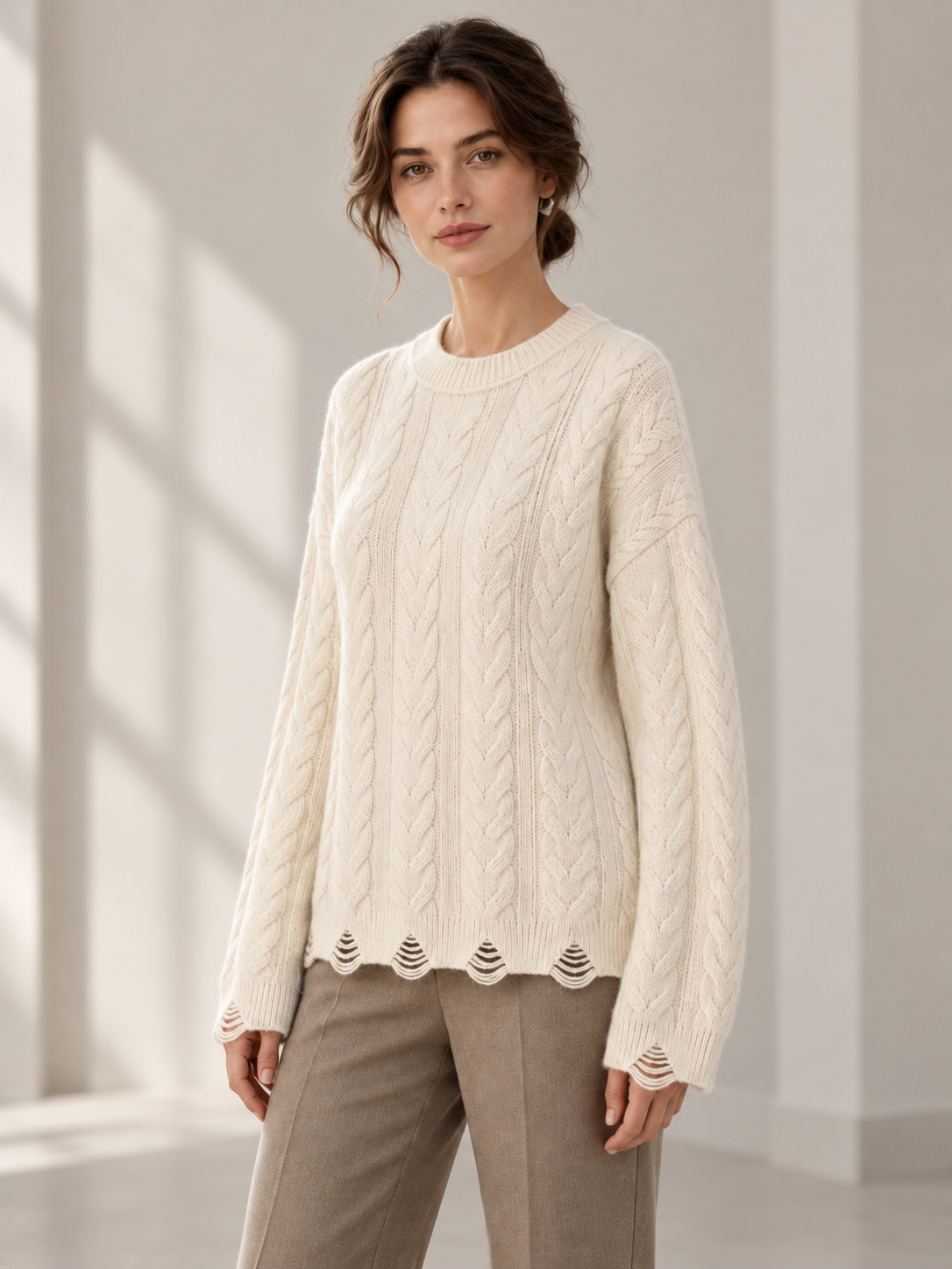 Cable-Knit Sweater in White — model threequarter