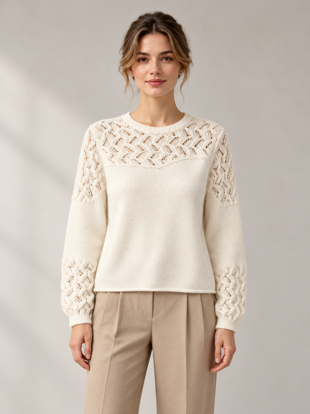 Openwork Crewneck Sweater in White — model front