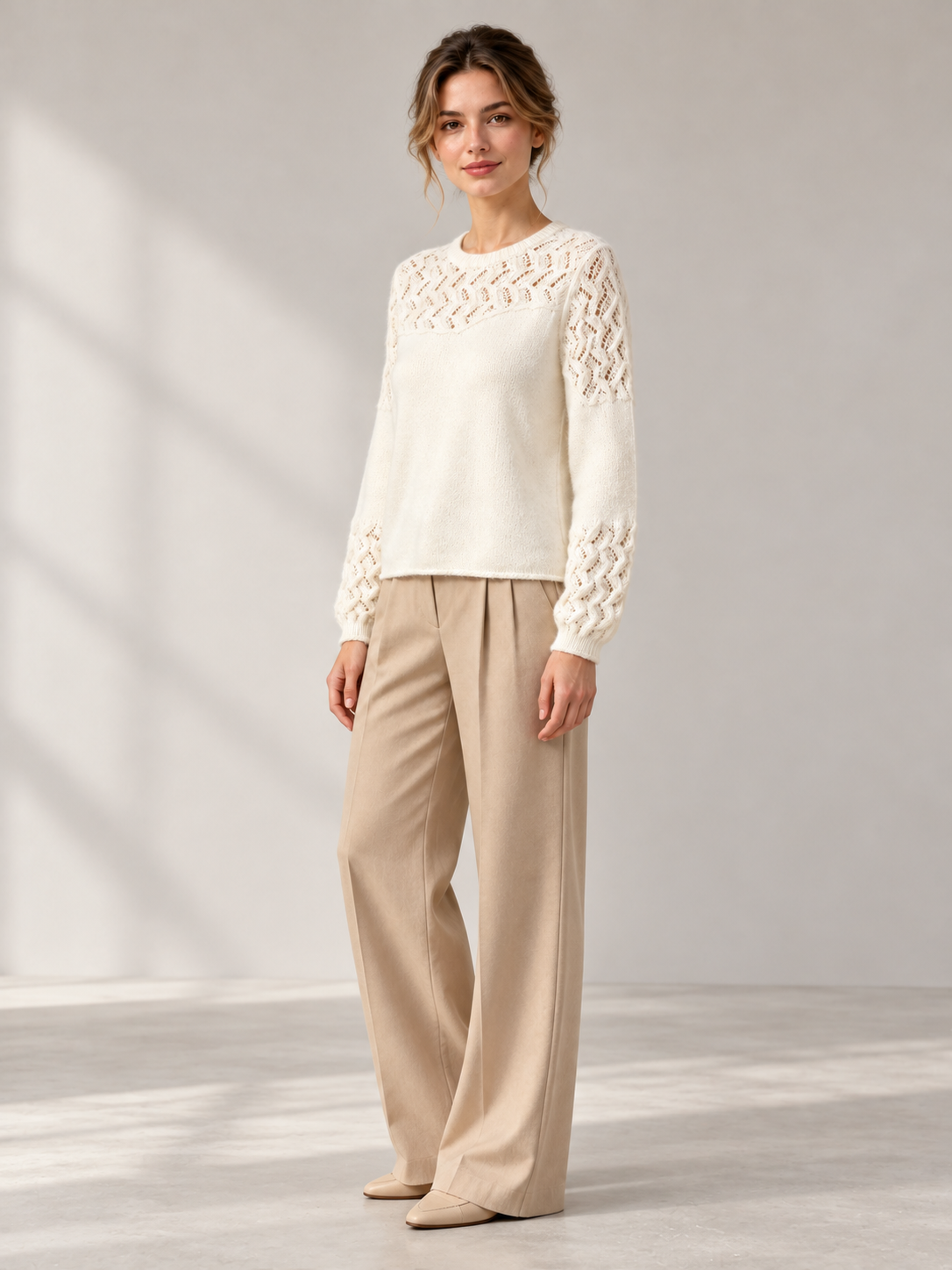 Openwork Crewneck Sweater in White — model threequarter