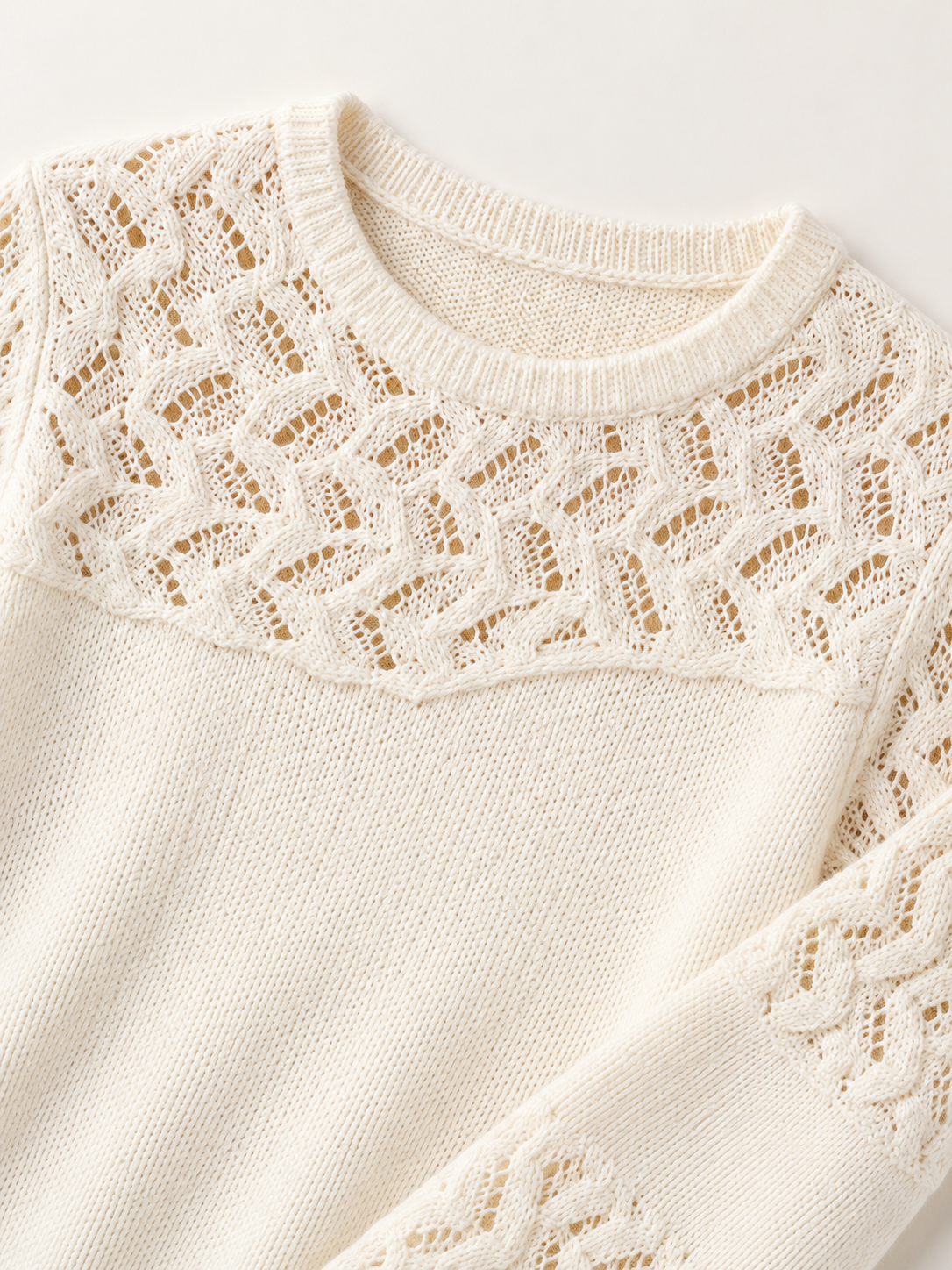 Openwork Crewneck Sweater in White — knit detail