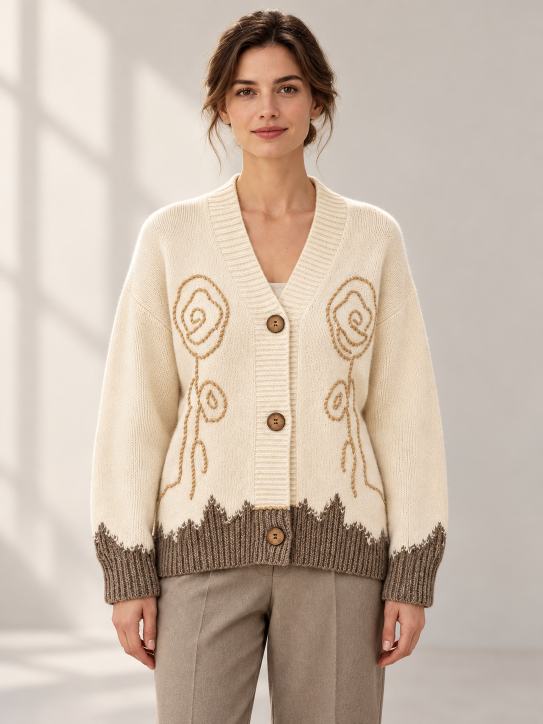 Floral-Detail Knit Cardigan in White — model front