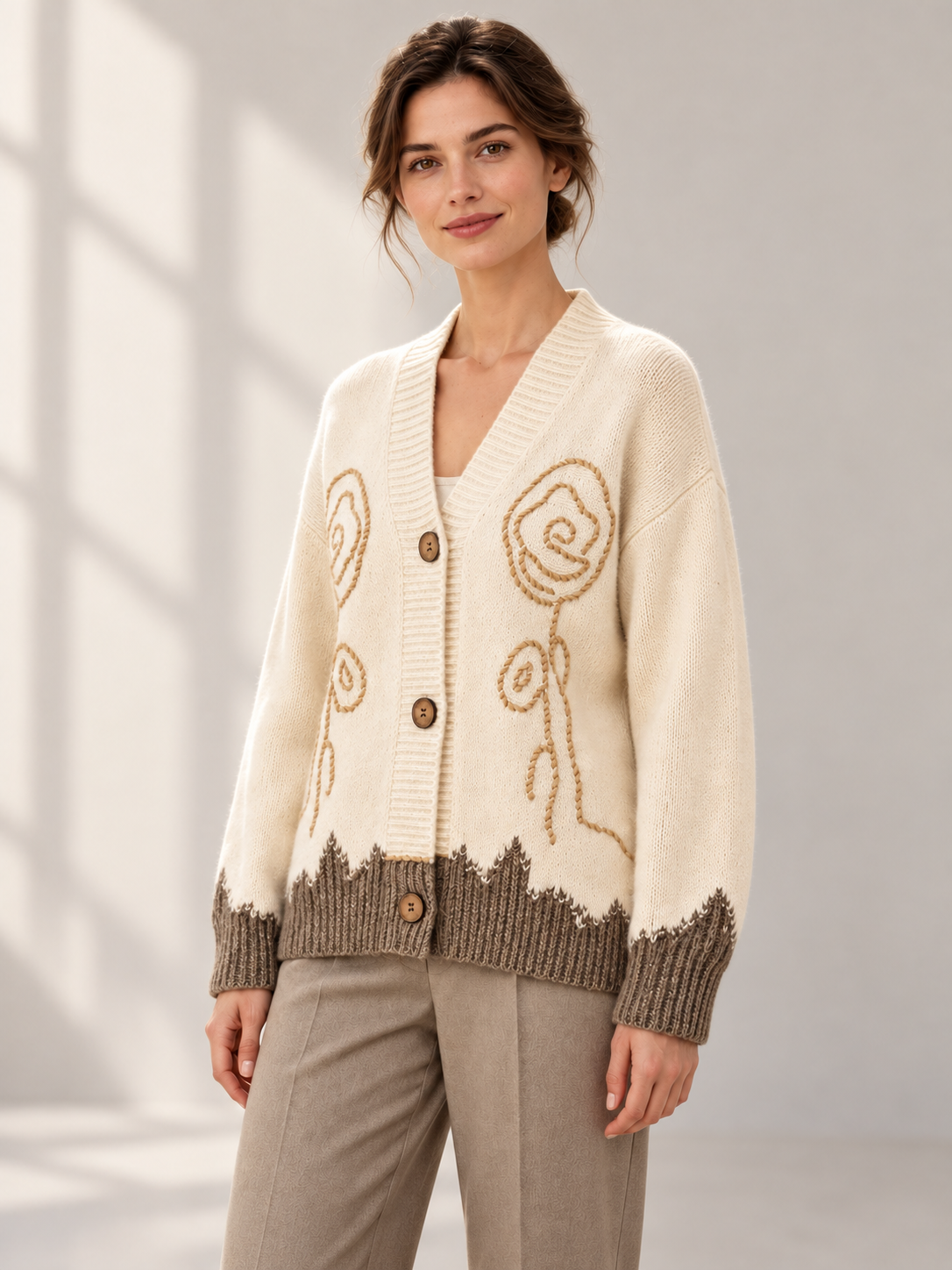 Floral-Detail Knit Cardigan in White — model threequarter