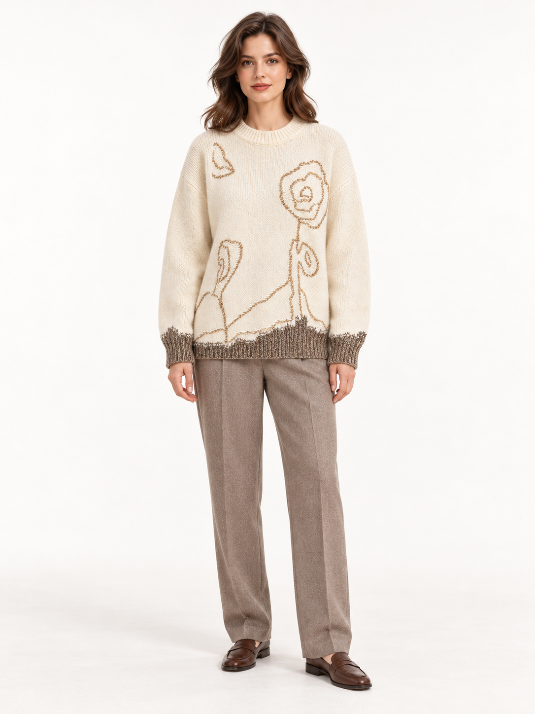 Floral-Detail Knit Pullover in White — model front