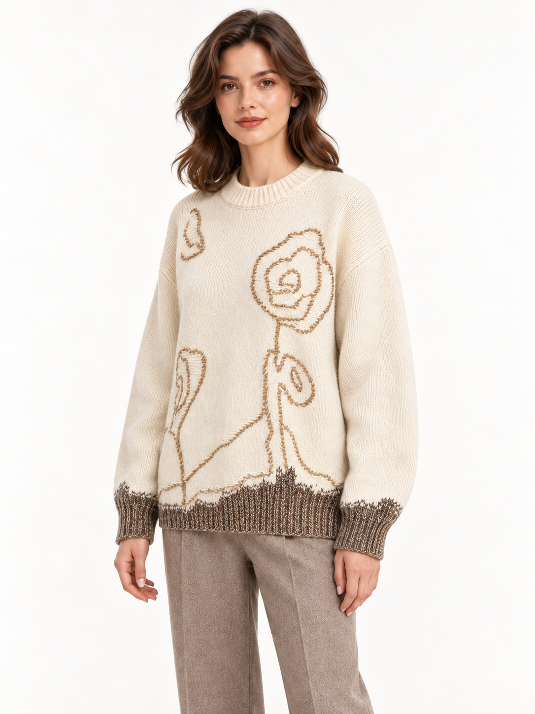 Floral-Detail Knit Pullover in White — model threequarter
