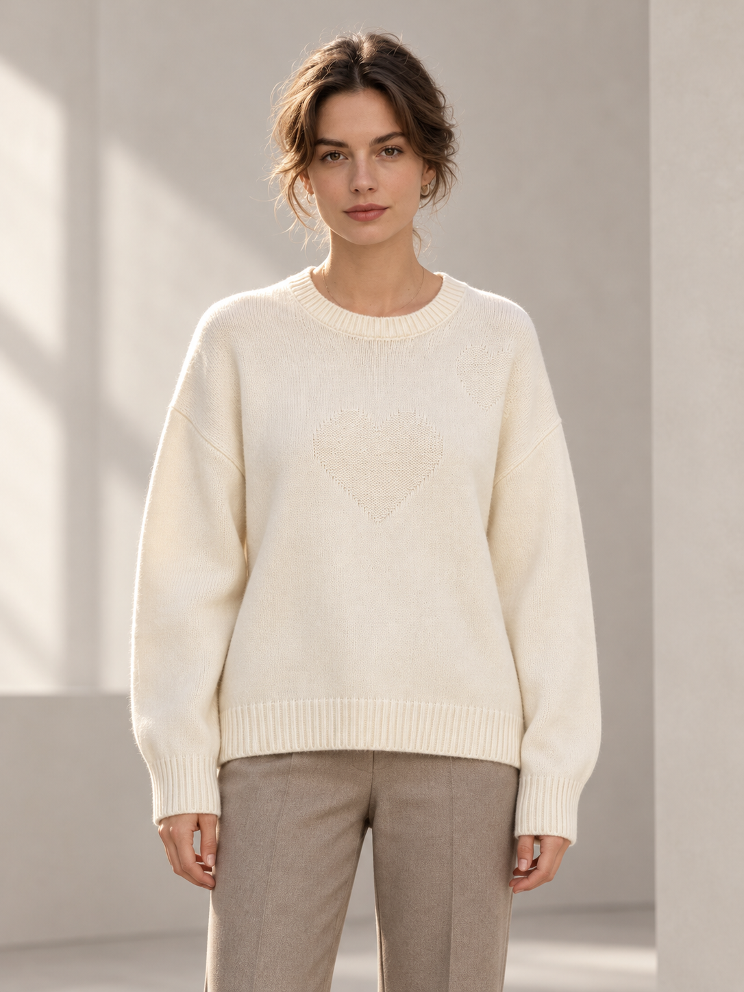 Tonal Jacquard Crewneck Sweater in White — model front