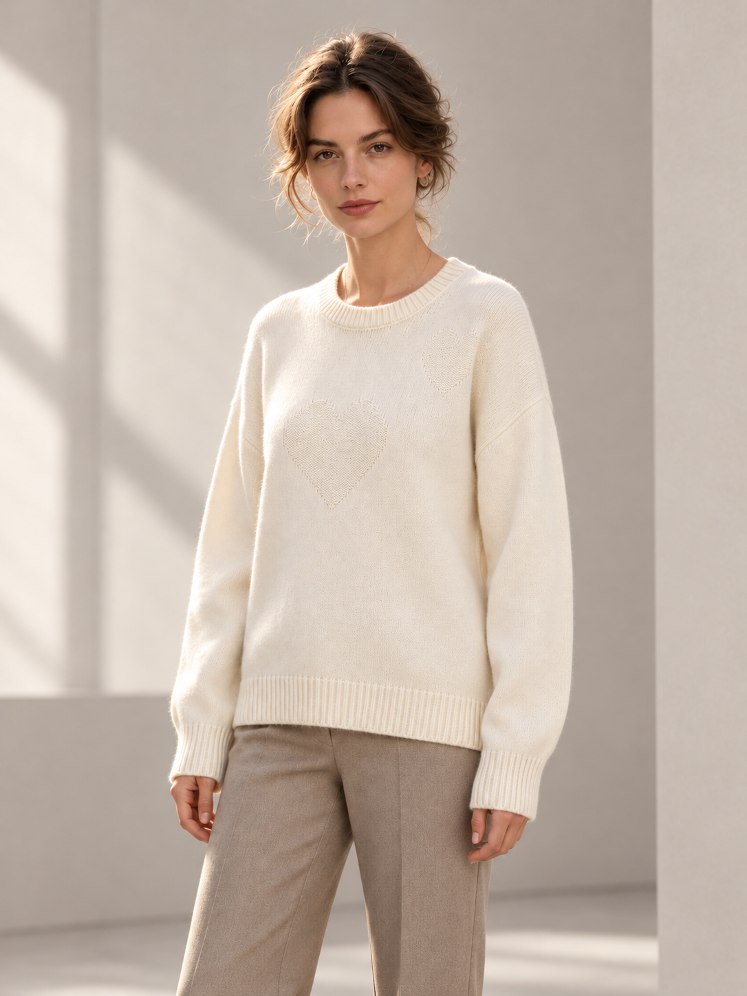 Tonal Jacquard Crewneck Sweater in White — model threequarter