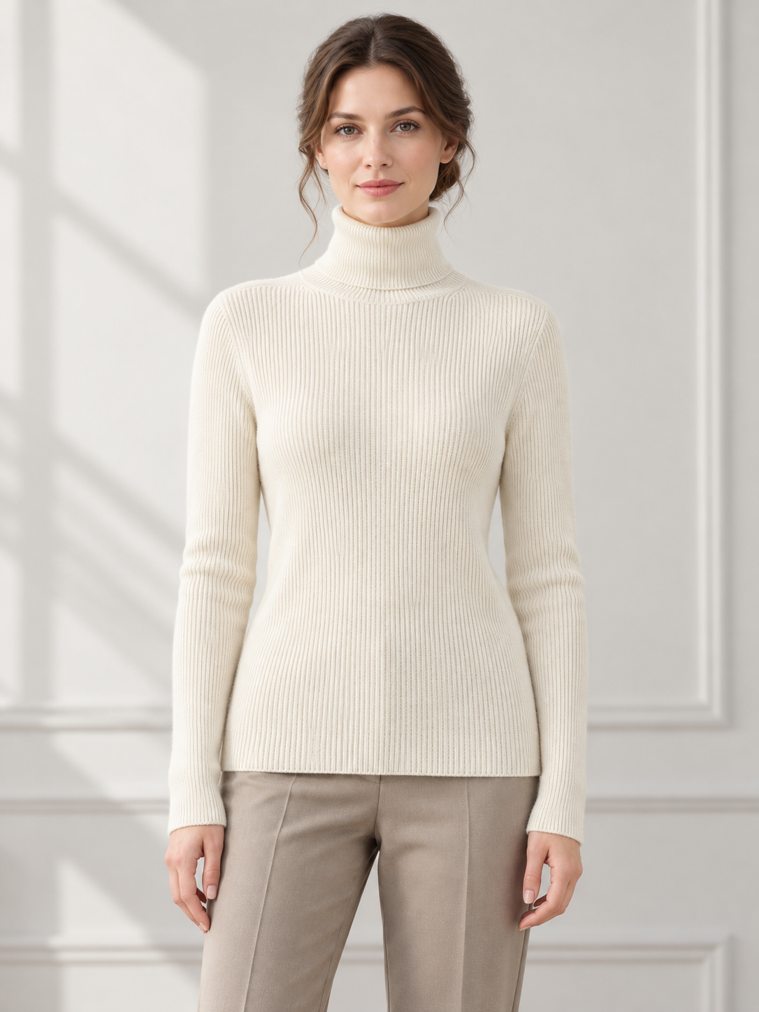 Fine-Rib Turtleneck Sweater — model front