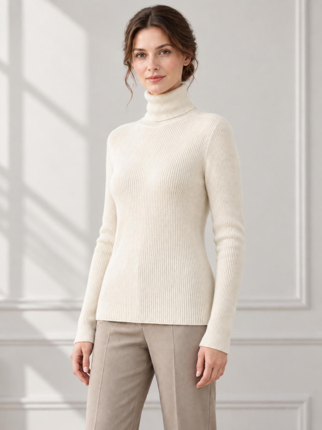 Fine-Rib Turtleneck Sweater — model threequarter