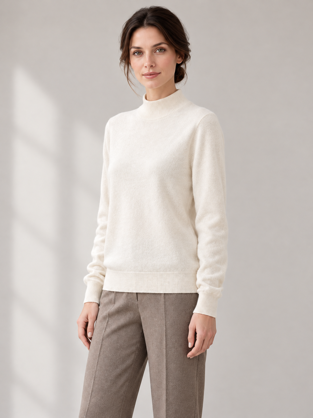 Solid Mock-Neck Sweater in White — model threequarter
