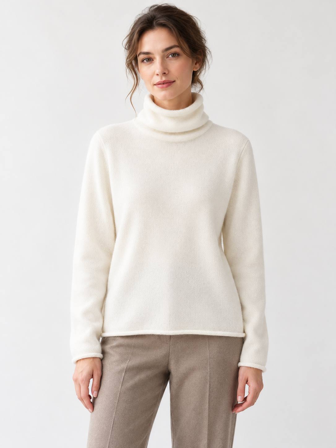 Cashmere Roll-Edge Draped-Neck Sweater in White, worn, front view