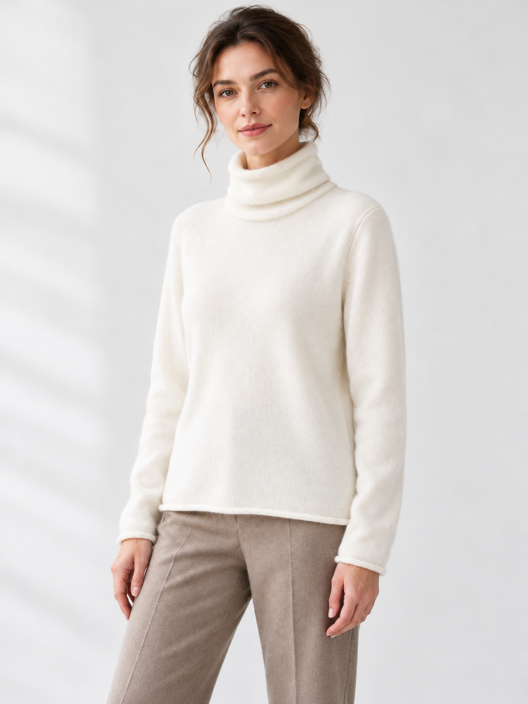 Roll-Edge Draped-Neck Sweater — model threequarter