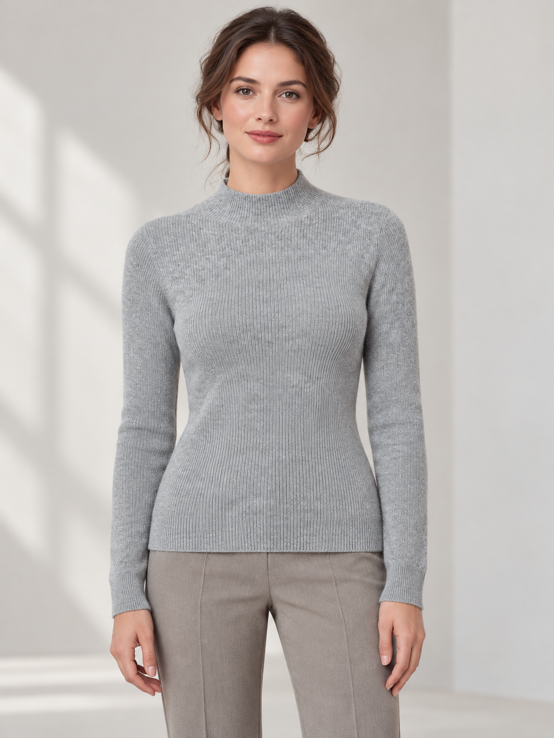 Fine-Rib Mock-Neck Sweater — model front