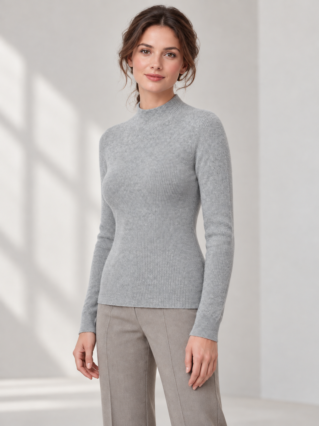 Fine-Rib Mock-Neck Sweater — model threequarter