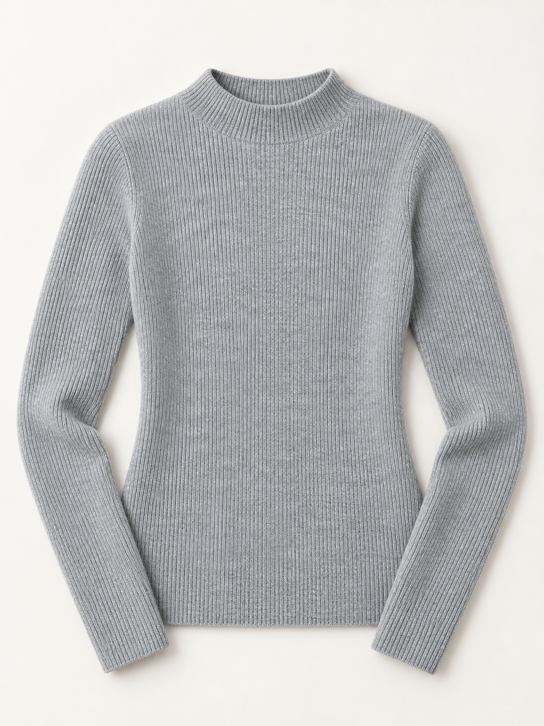 Cashmere Fine-Rib Mock-Neck Sweater in Light Gray, flat front view