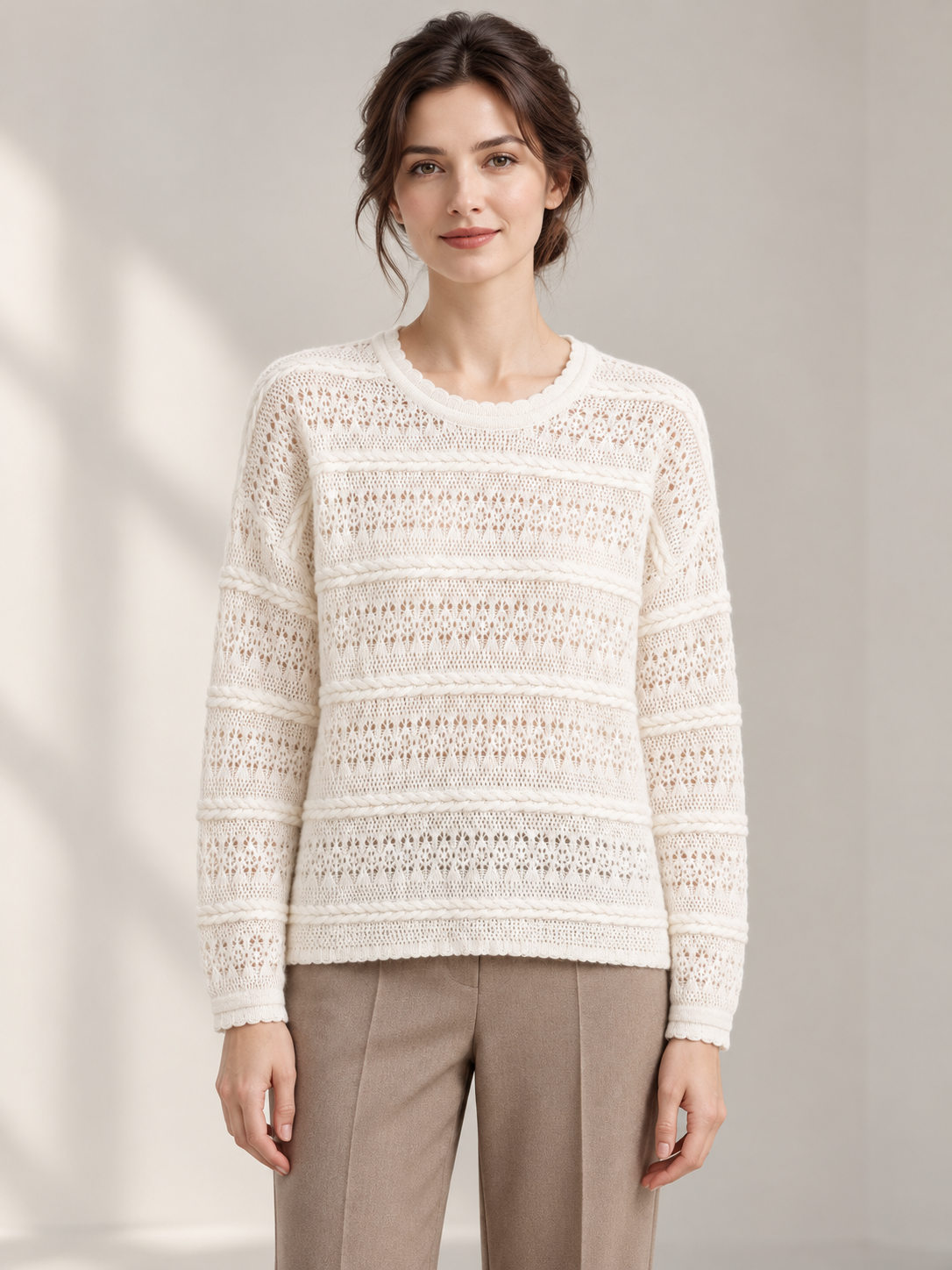 Openwork Cable-Knit Pullover — model front