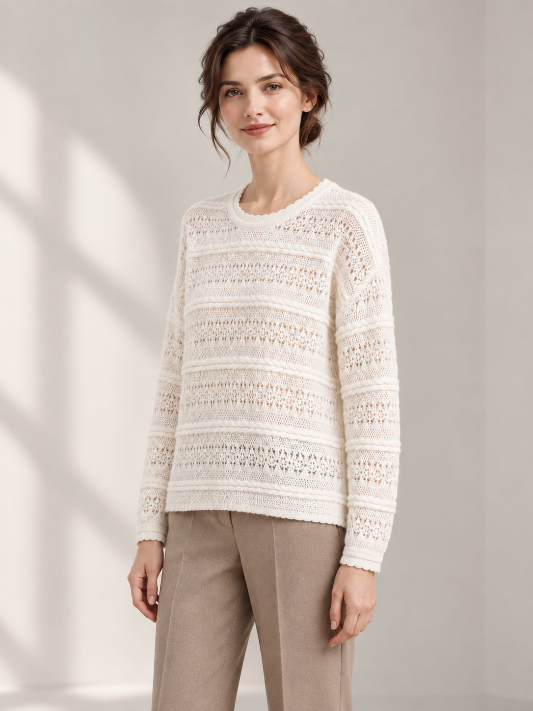 Openwork Cable-Knit Pullover — model threequarter