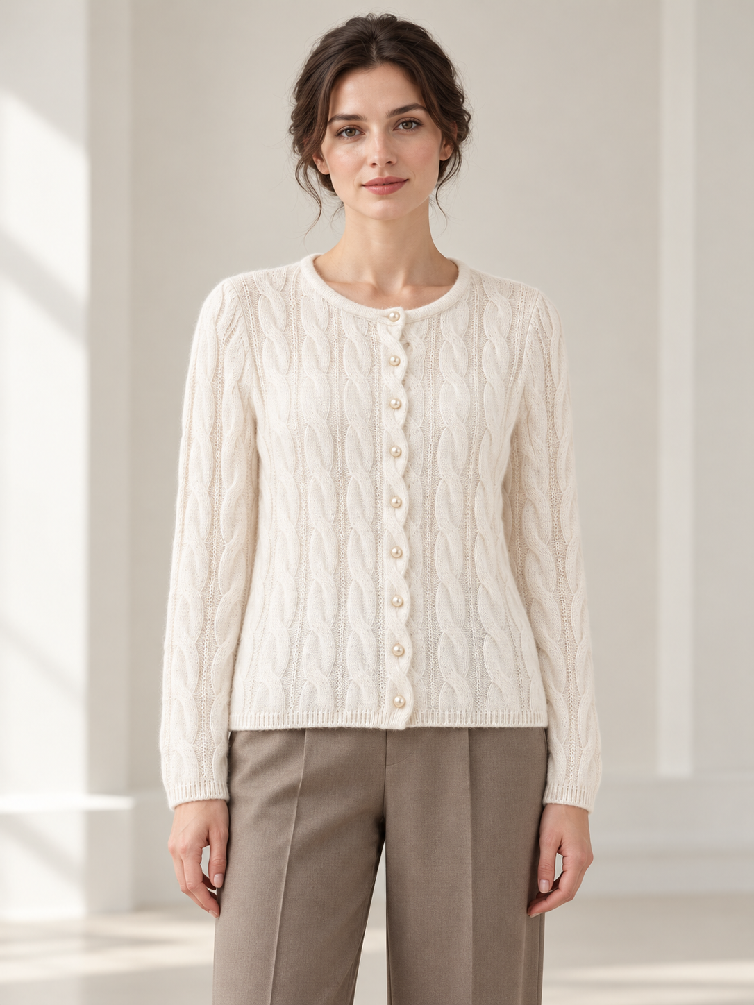 Cable-Knit Cardigan in White — model front