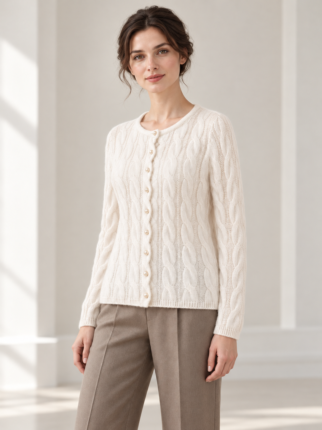 Cable-Knit Cardigan in White — model threequarter