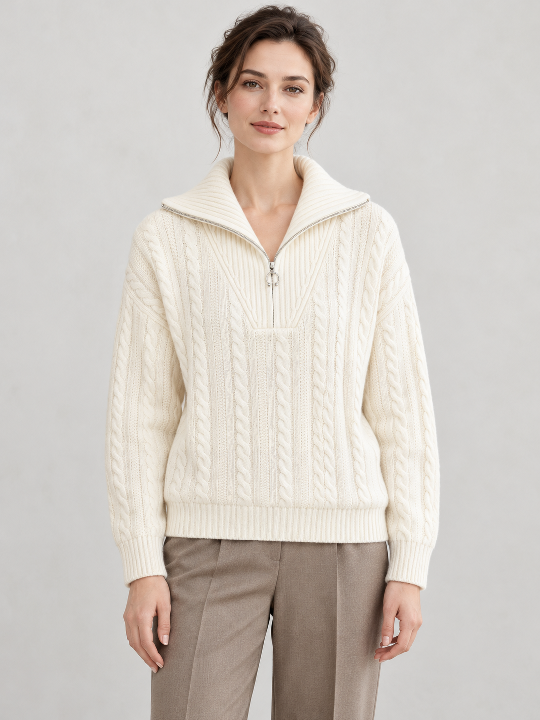 Wide-Collar Zip Cable-Knit Sweater in White — model front