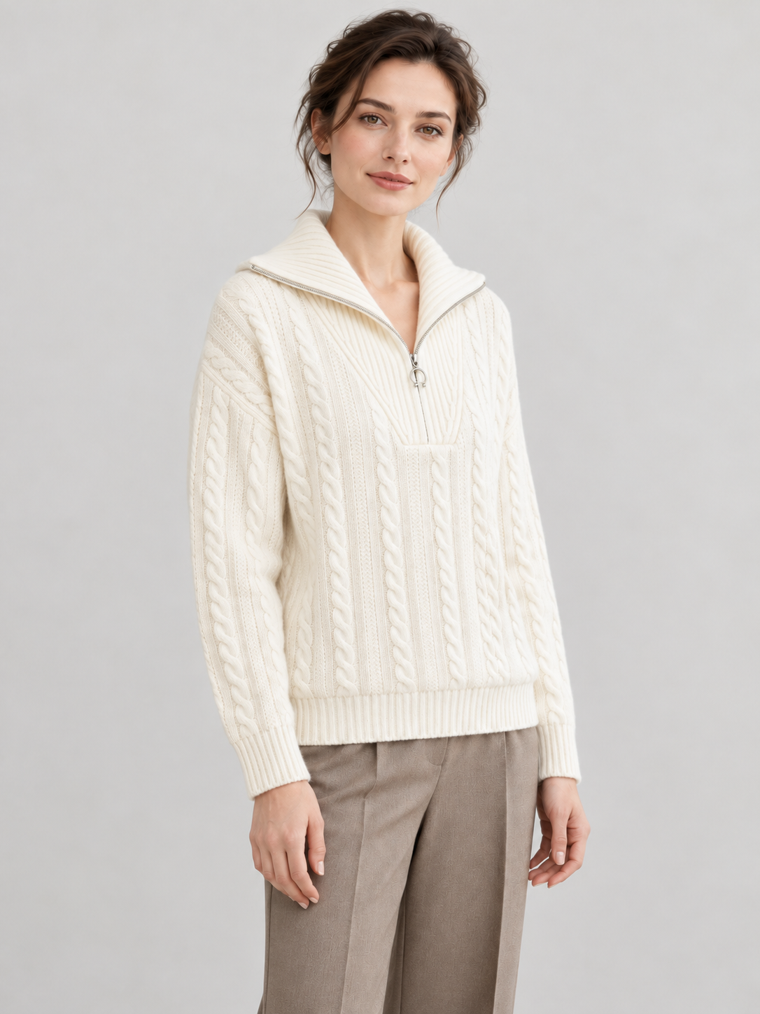Cashmere Wide-Collar Zip Cable-Knit Sweater in White, worn, three-quarter view