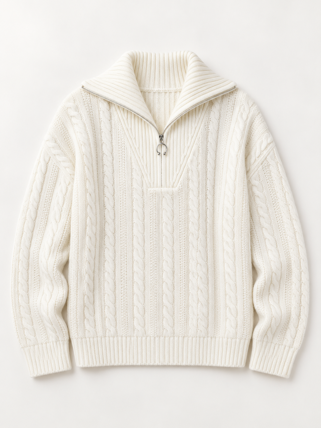 Cashmere Wide-Collar Zip Cable-Knit Sweater in White, product front
