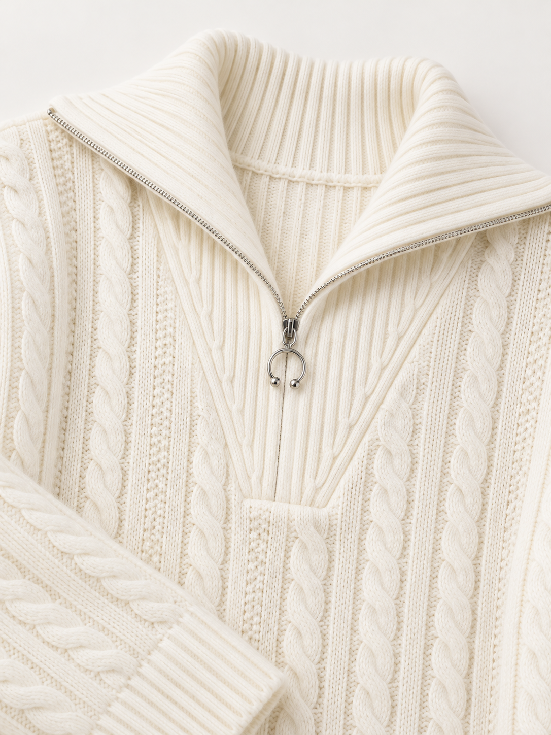 Cashmere Wide-Collar Zip Cable-Knit Sweater in White, knit detail