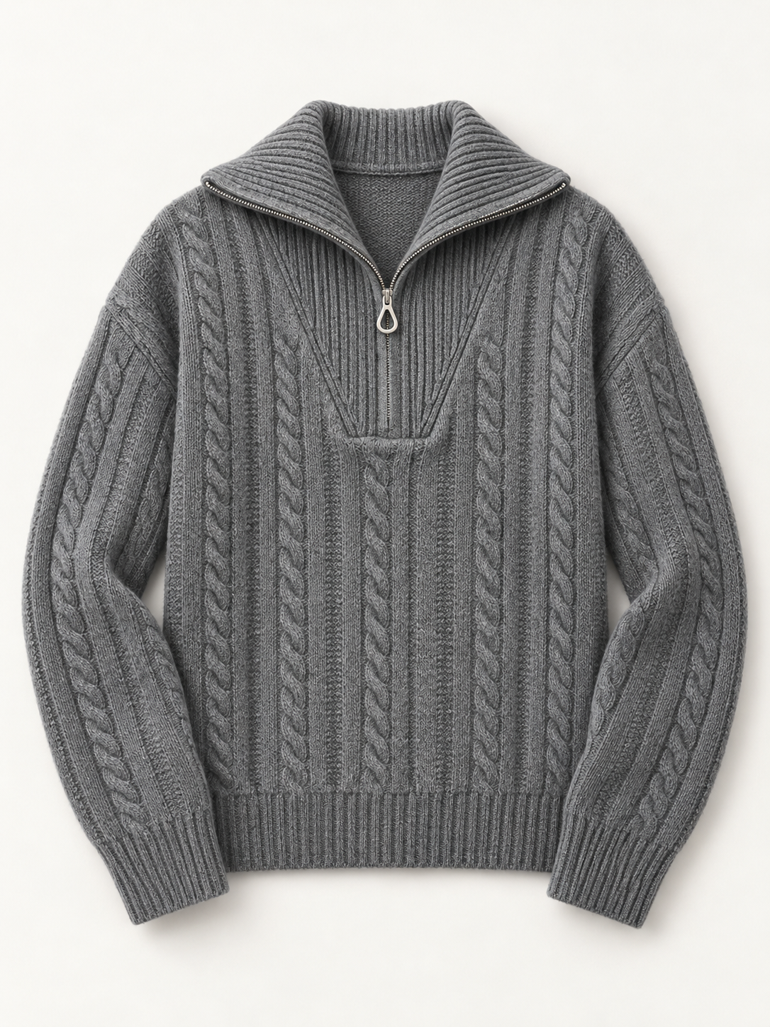Cashmere Wide-Collar Zip Cable-Knit Sweater in Dark Gray, flat front view