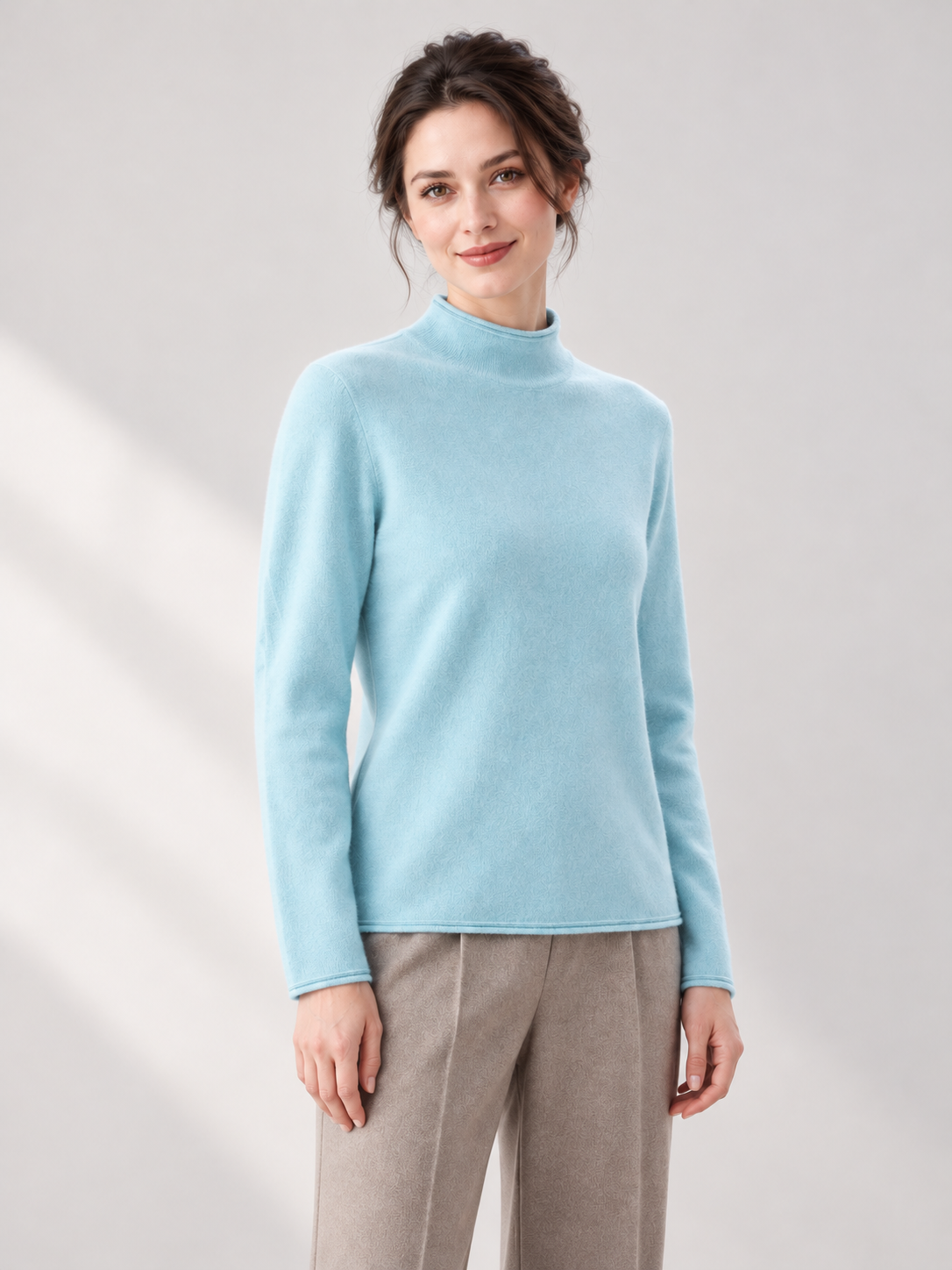 Roll-Edge Mock-Neck Sweater in Lake Blue — model threequarter