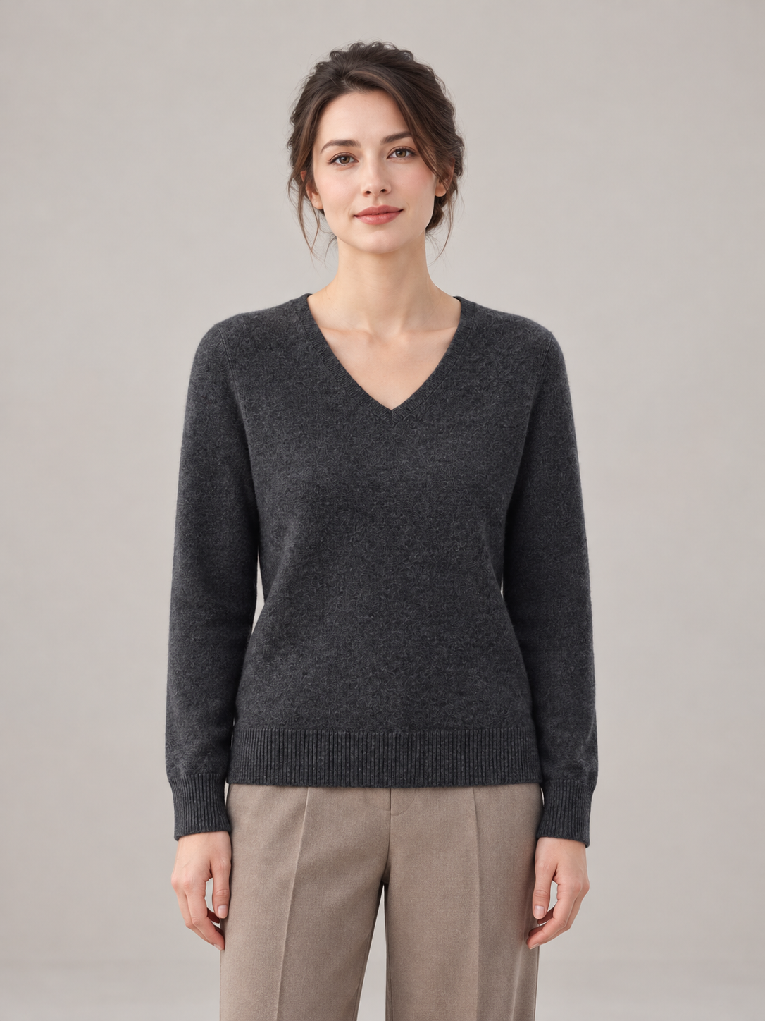 Plain-Knit V-Neck Sweater in Dark Gray — model front