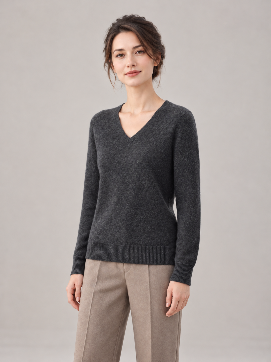 Plain-Knit V-Neck Sweater in Dark Gray — model threequarter